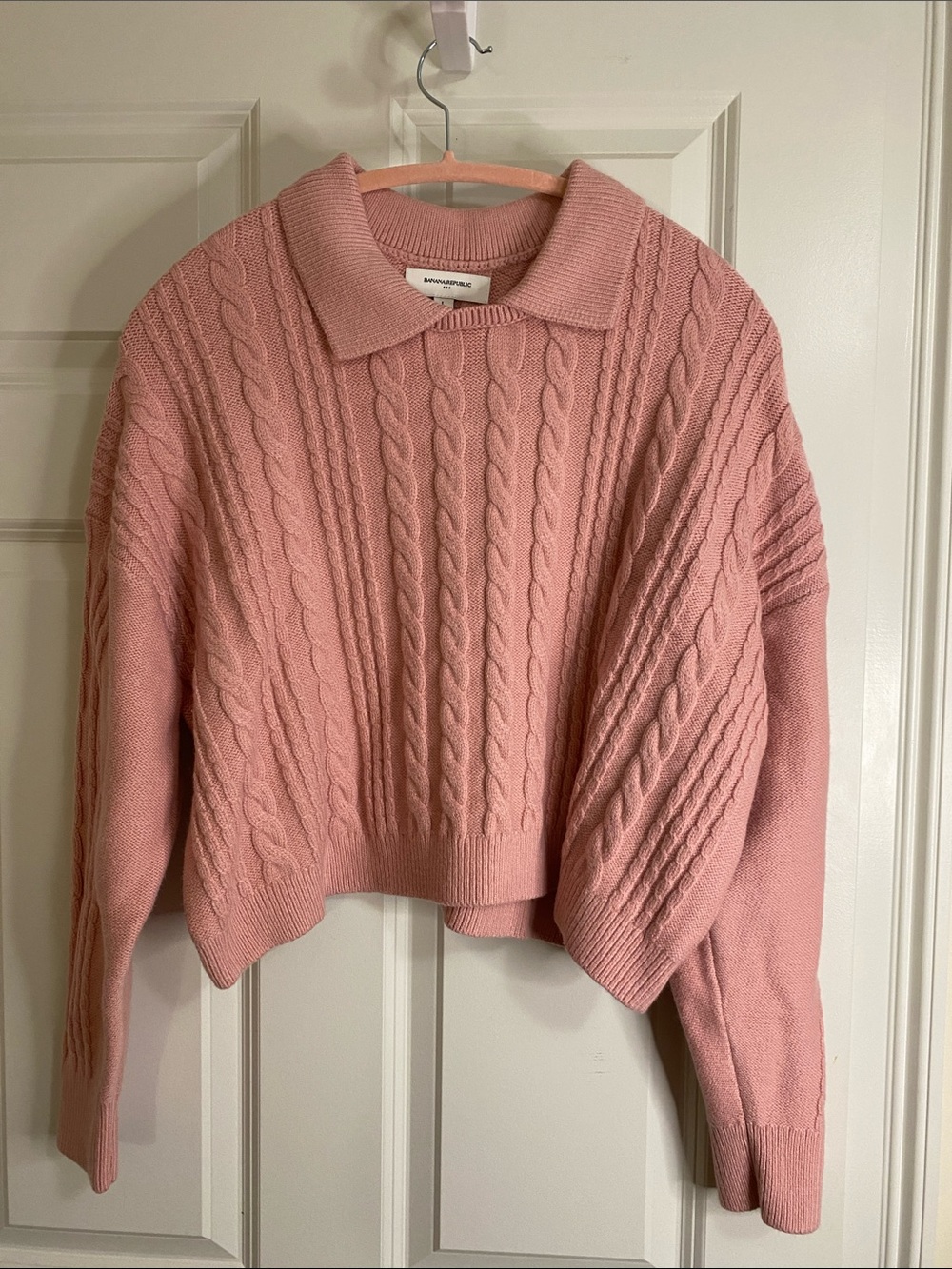 Banana Republic Factory Dusty Pink cropped Cable Knit Polo Sweater